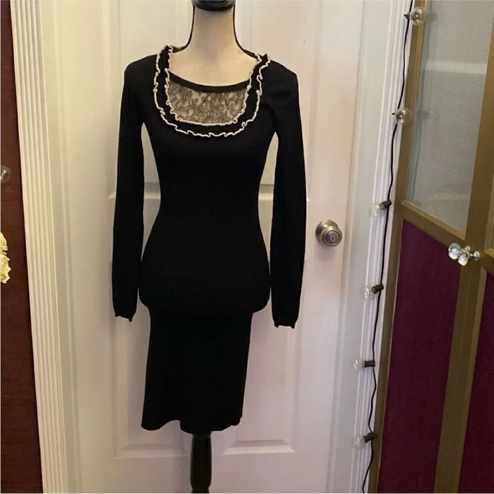RED Valentino Black sweater Dress with Lace Detail, XS